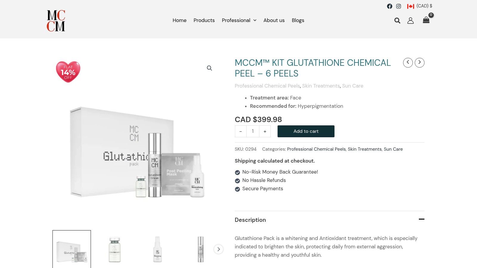 A professional chemical peel kit from MCCM Cosmetics Canada, showing multiple vials and application tools.