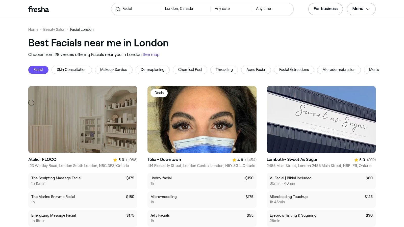 Fresha (London, ON facials listings)