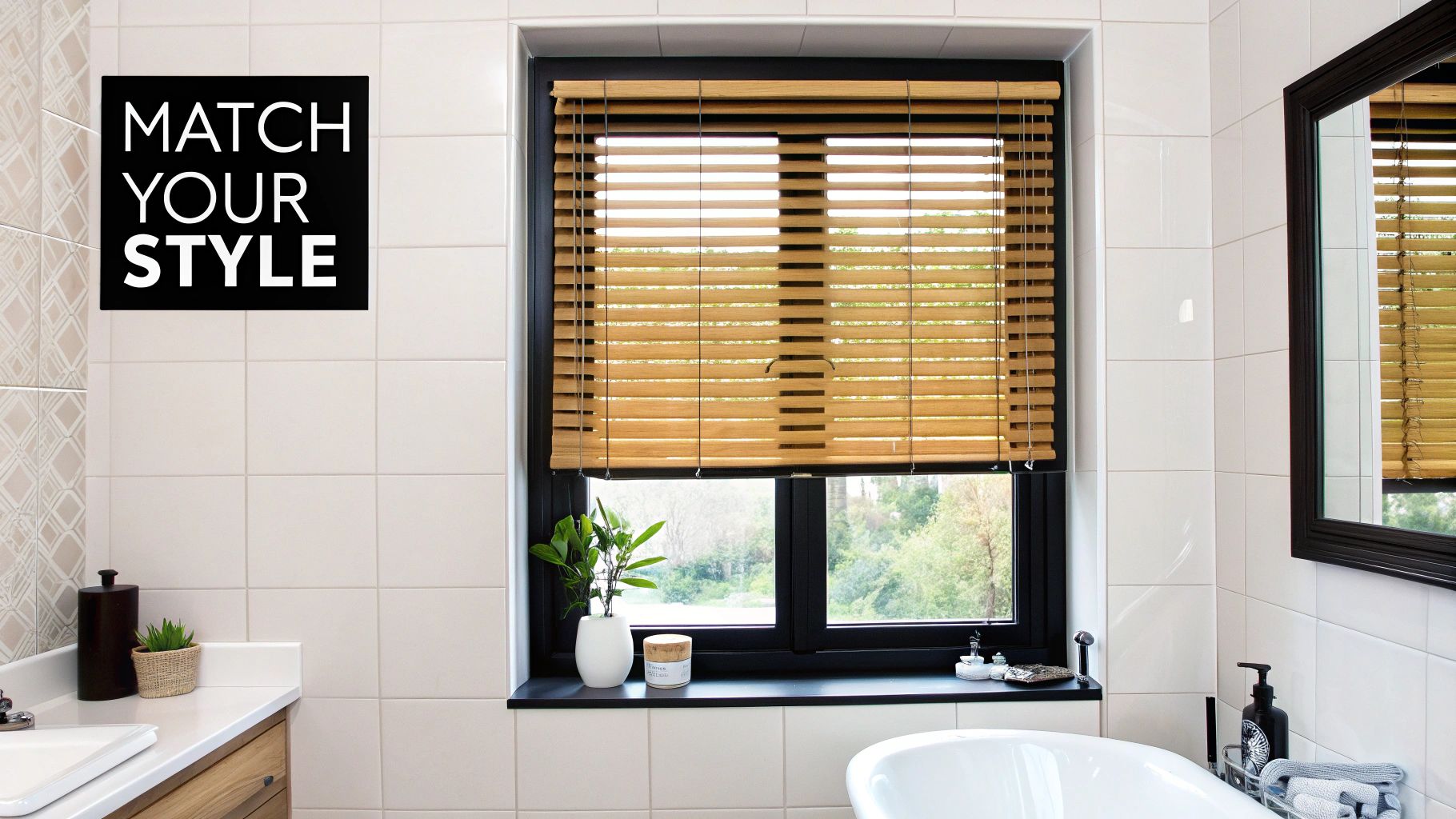 A stylish modern bathroom with white moisture resistant blinds on the window