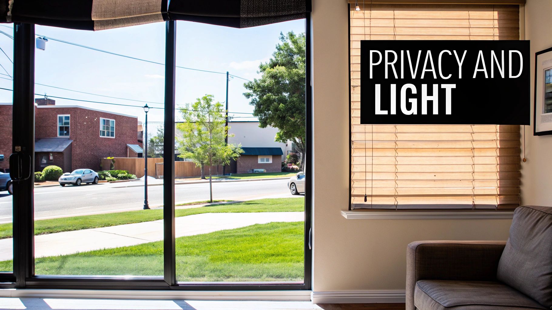 A bright living room with large windows fitted with stylish white Venetian blinds, angled to let in light while maintaining privacy.