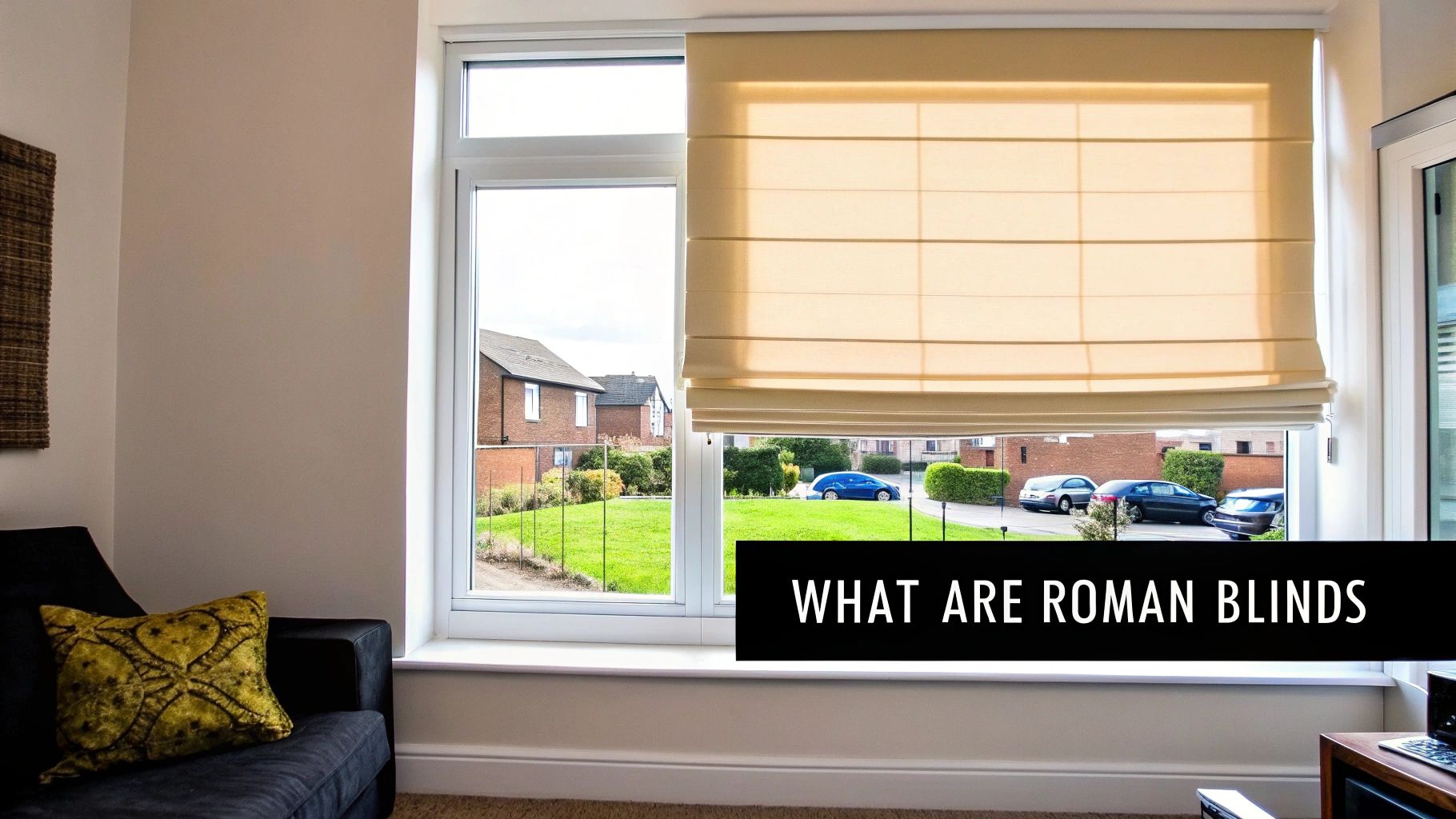A modern living room with beige Roman blinds fitted to the windows, creating a clean and stylish look.