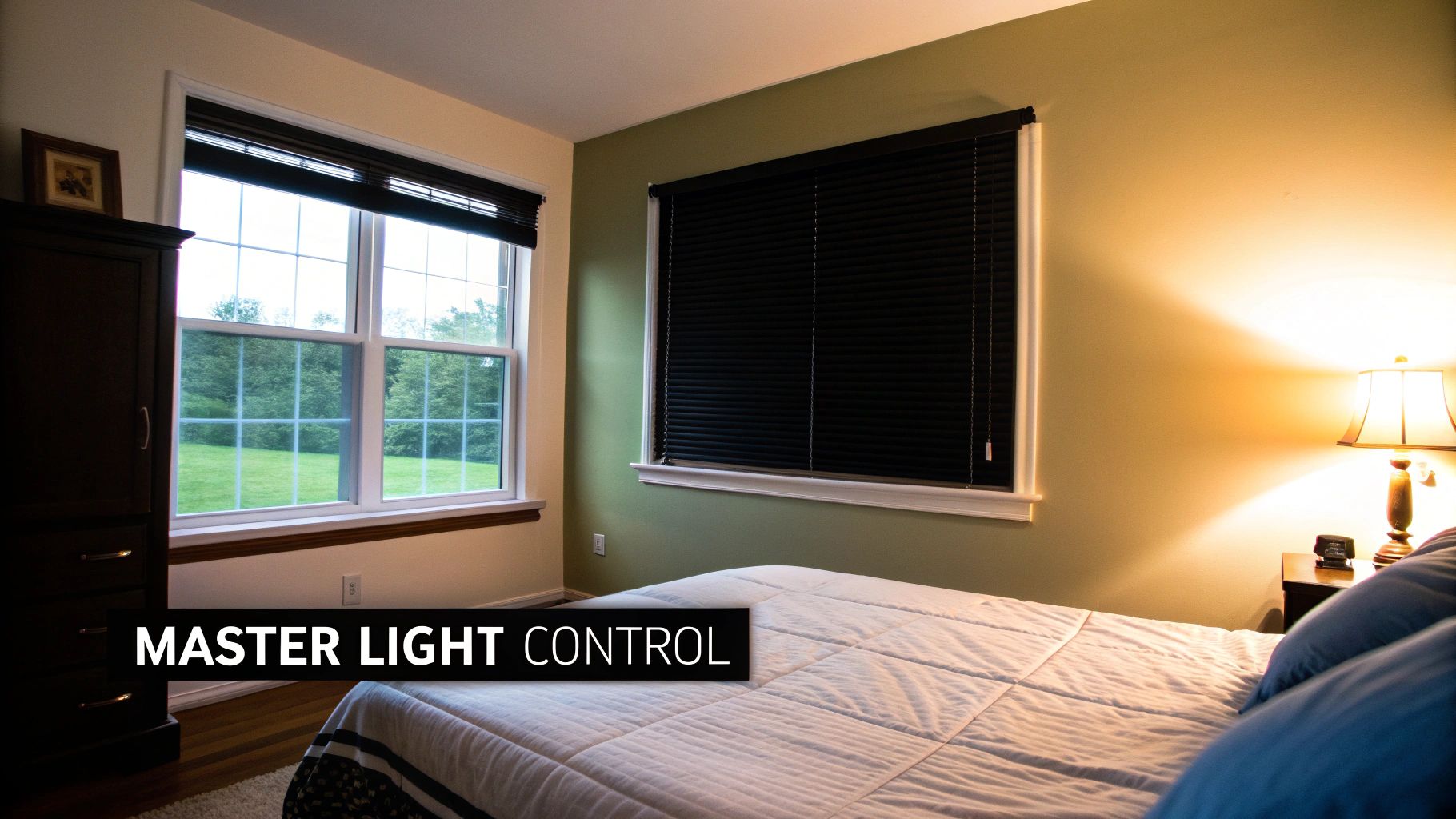 A cosy, well-decorated bedroom with stylish blinds on the window