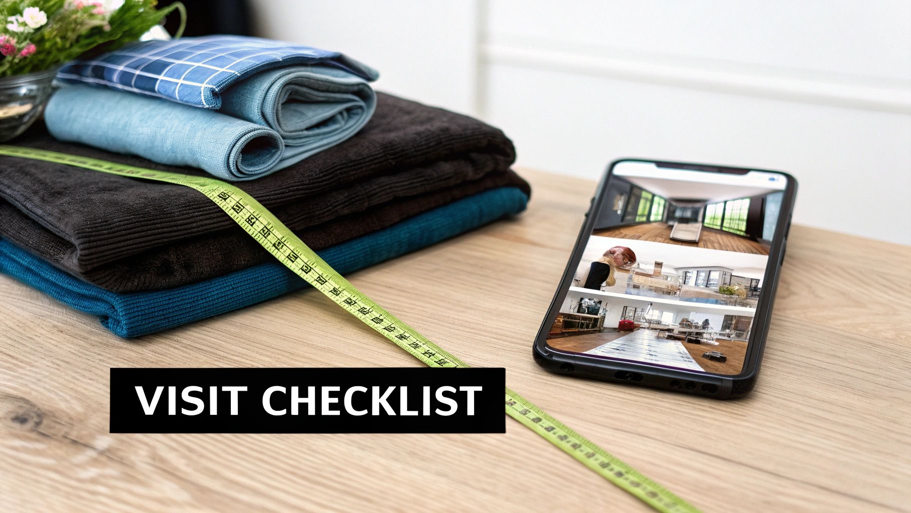 A person holding fabric swatches up to a window in a bright room
