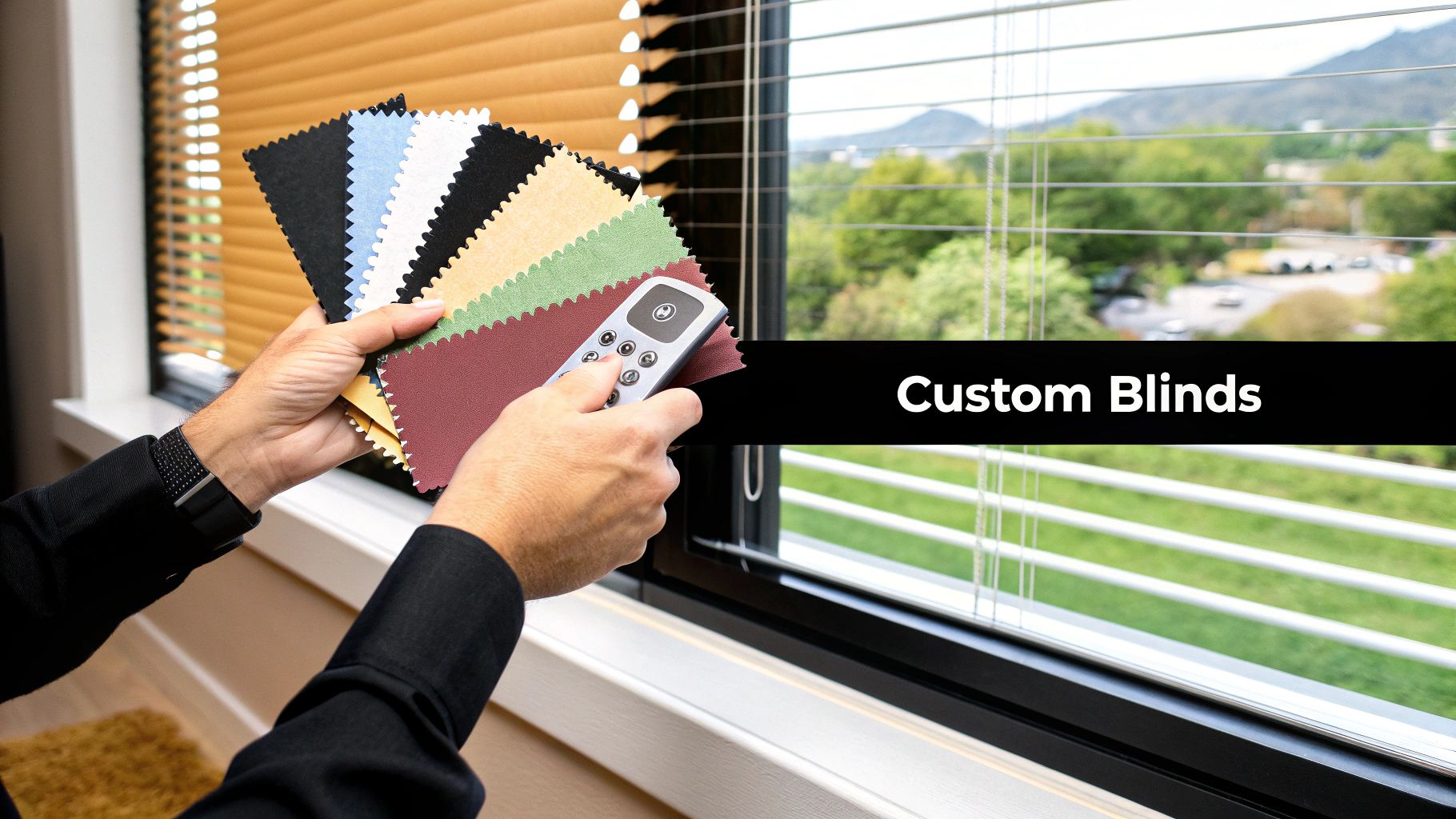 A consultant showing a customer custom blind options in a showroom