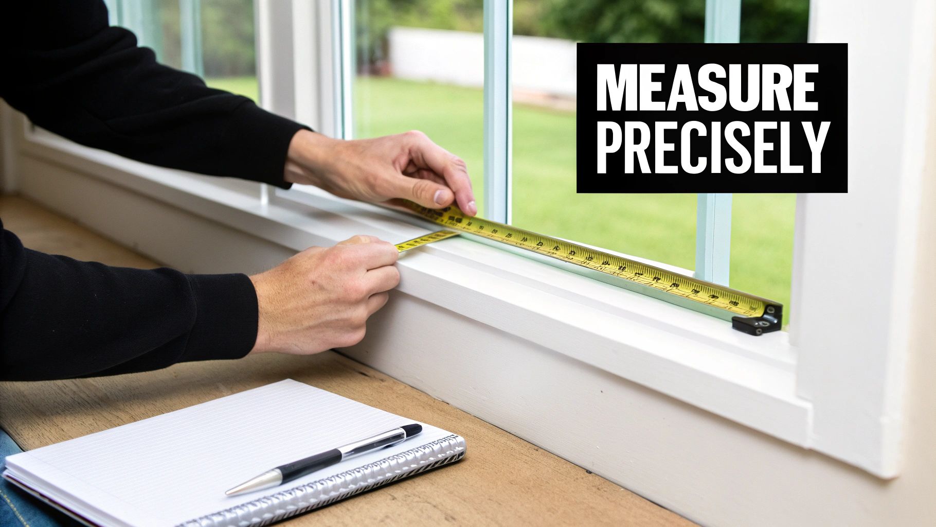 A person using a metal tape measure to measure the width of a window frame for new blinds.