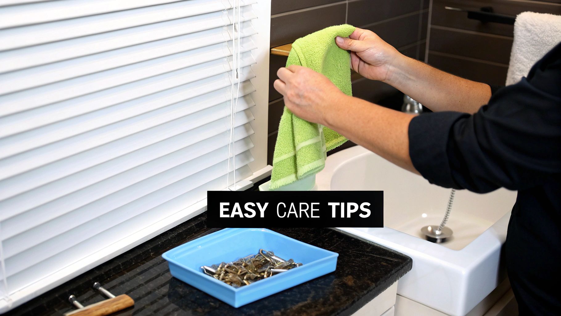 A person gently wiping down clean, white faux-wood blinds in a bathroom.