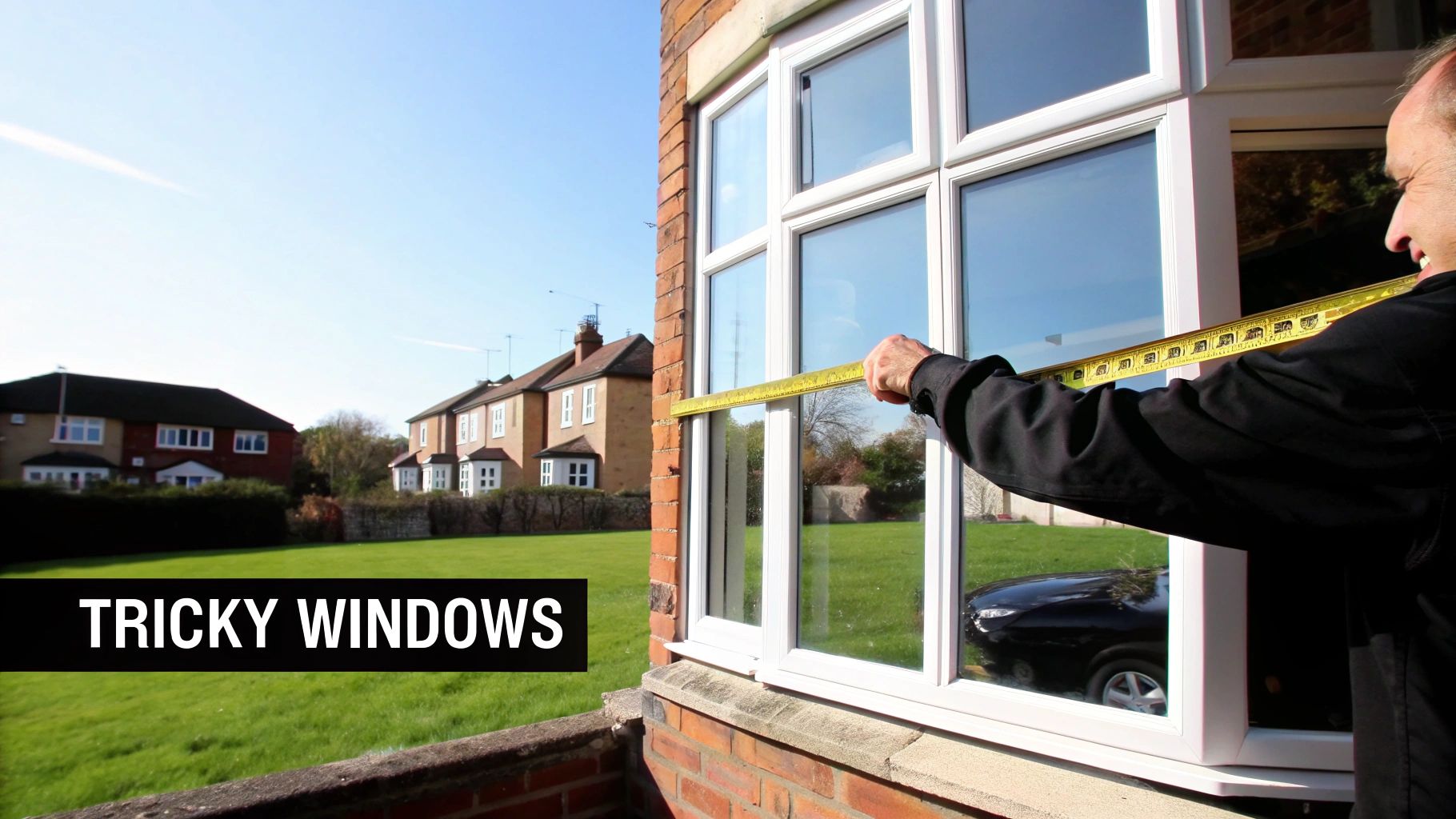 A bay window in a UK home with fitted blinds, showing how they follow the angles.