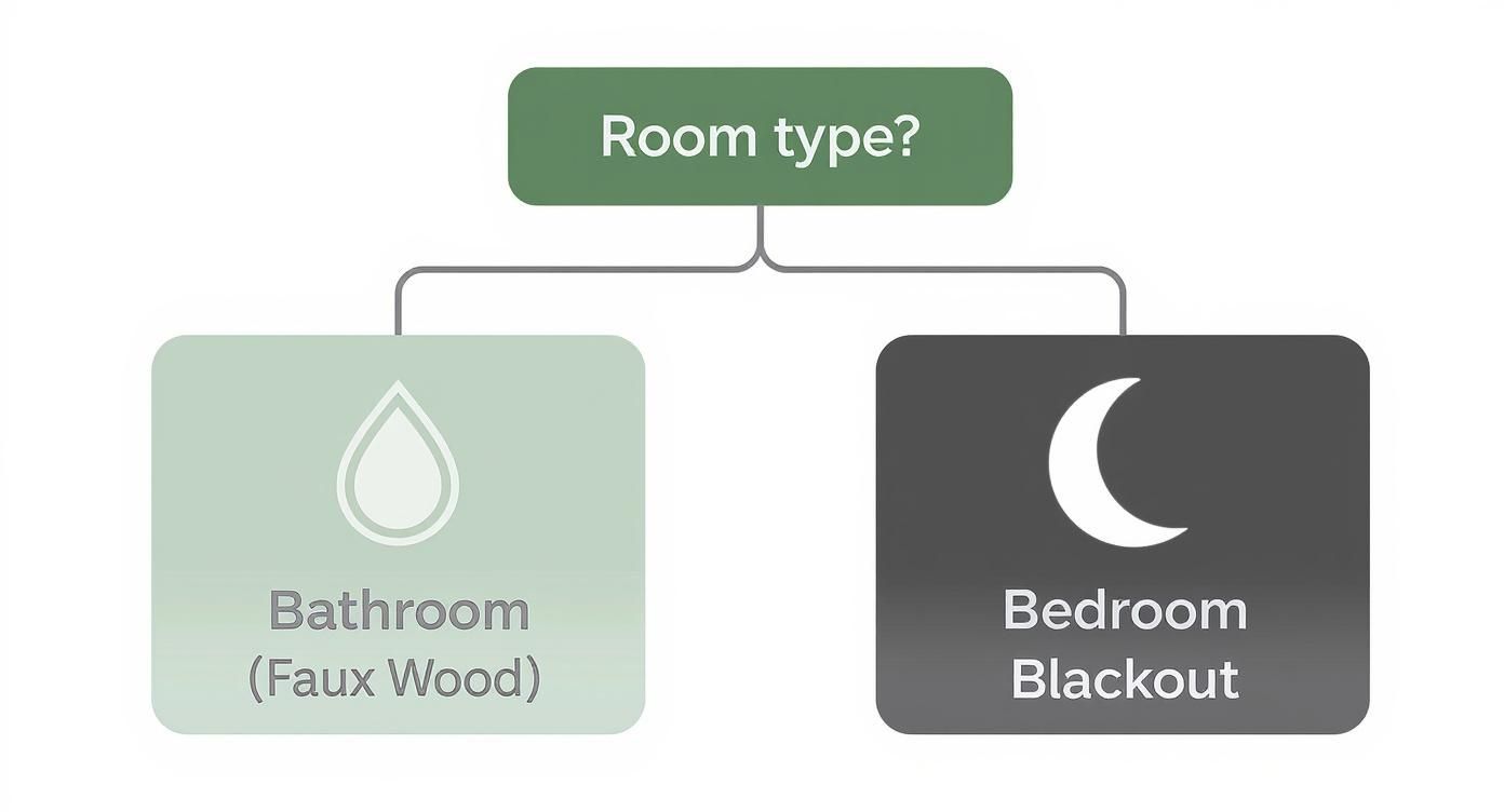 Infographic decision tree showing that bathrooms need faux wood blinds and bedrooms need blackout blinds.