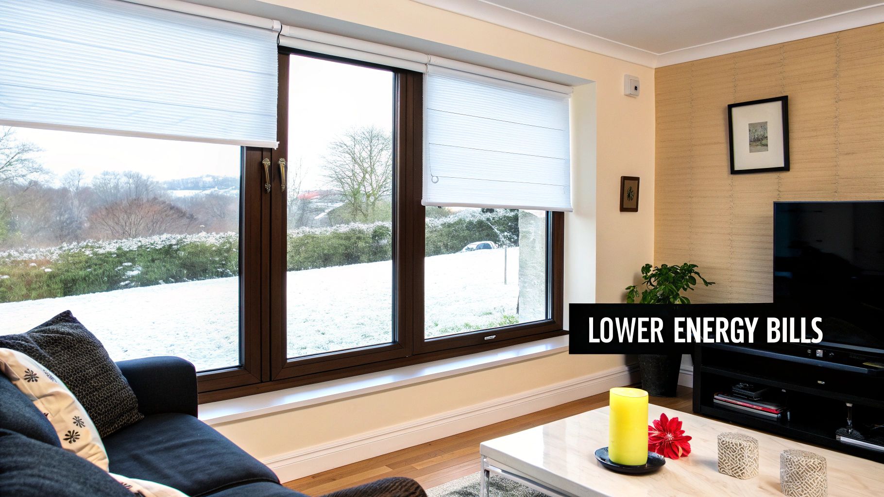 Woman touching a modern, white energy efficient blind in a brightly lit room