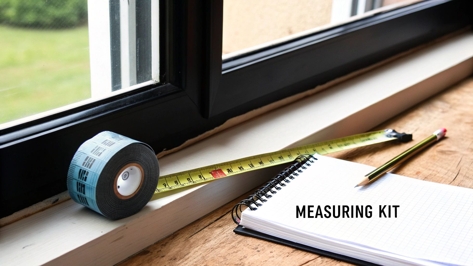 A person holding a metal tape measure next to a window frame.