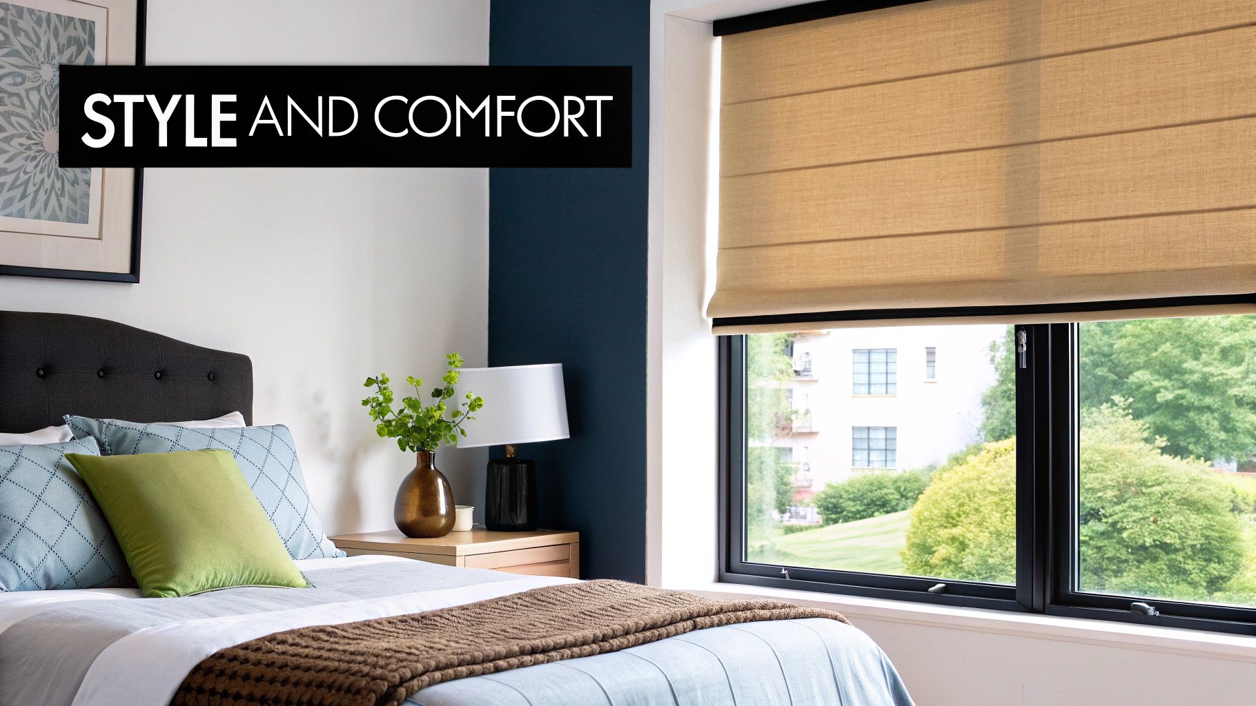 A hand using a smartphone to control smart blinds in a modern bedroom