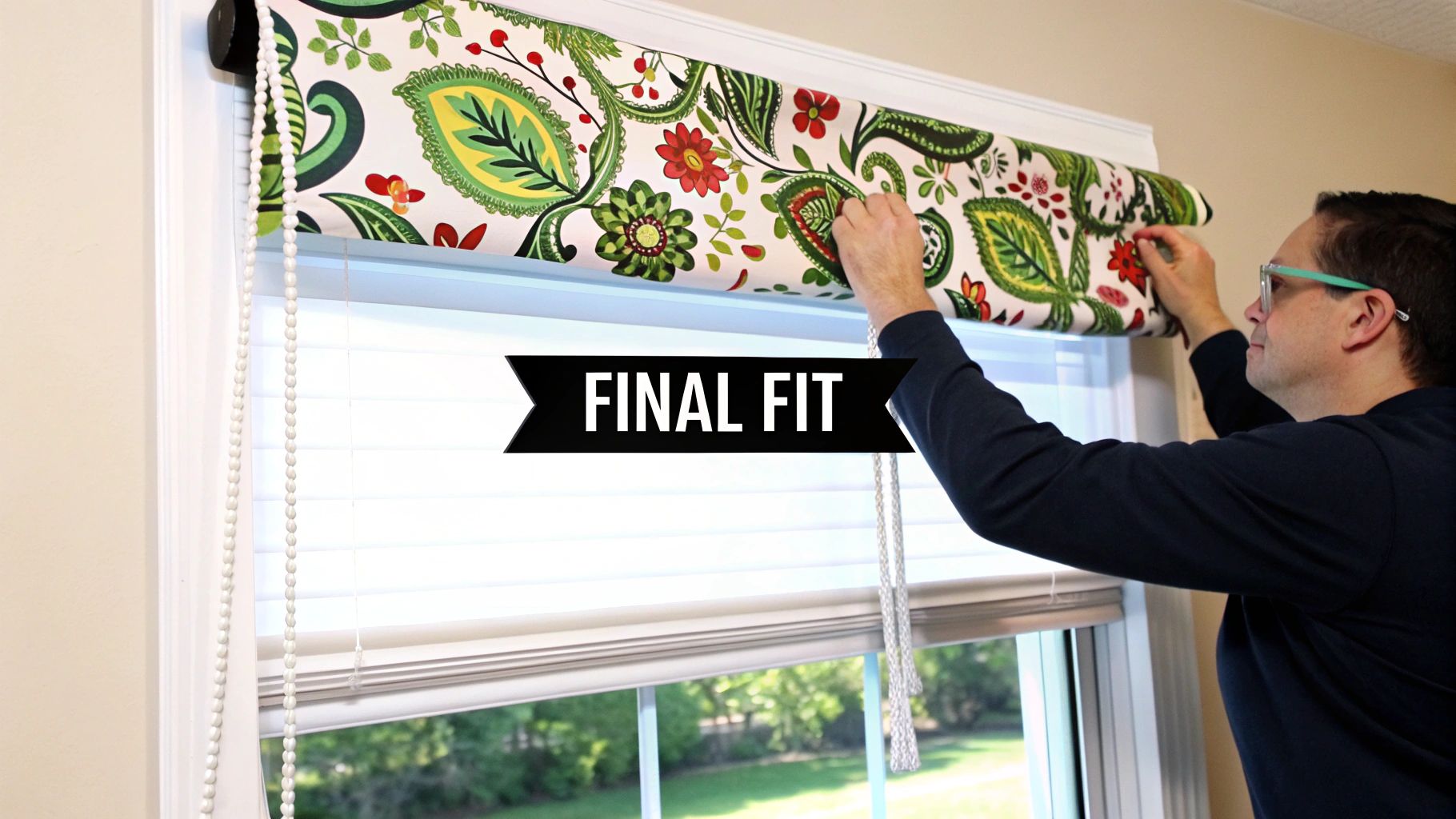 A person making final adjustments to newly installed window blinds