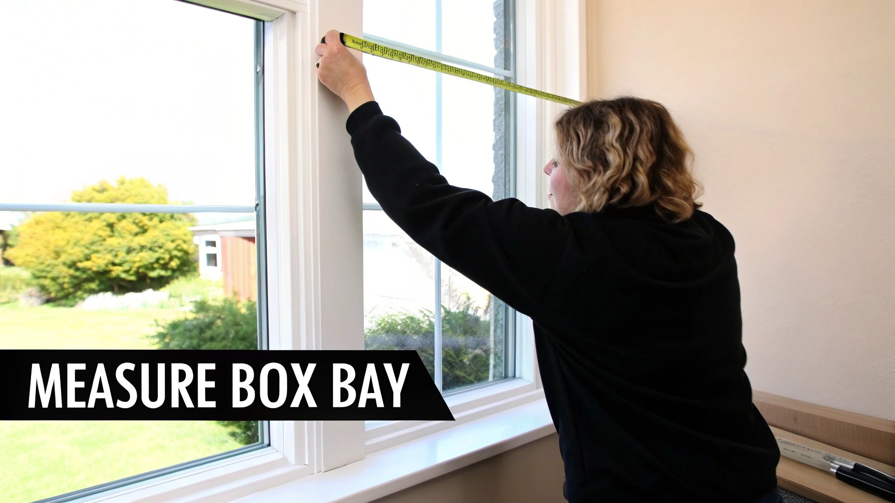 A modern box bay window with neatly fitted blinds
