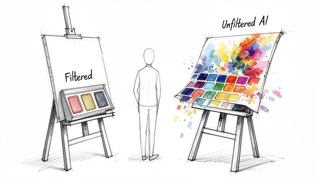 A sketch showing two easels: 'Filtered' with few colors, and 'Unfiltered AI' with many vibrant colors.