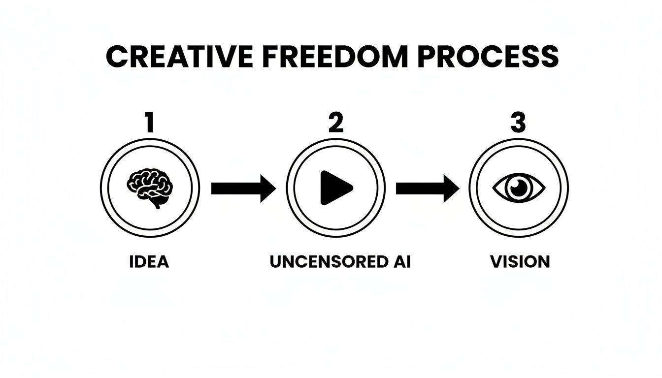 A diagram illustrating the Creative Freedom Process: Idea, Uncensored AI, and Vision, connected by arrows.