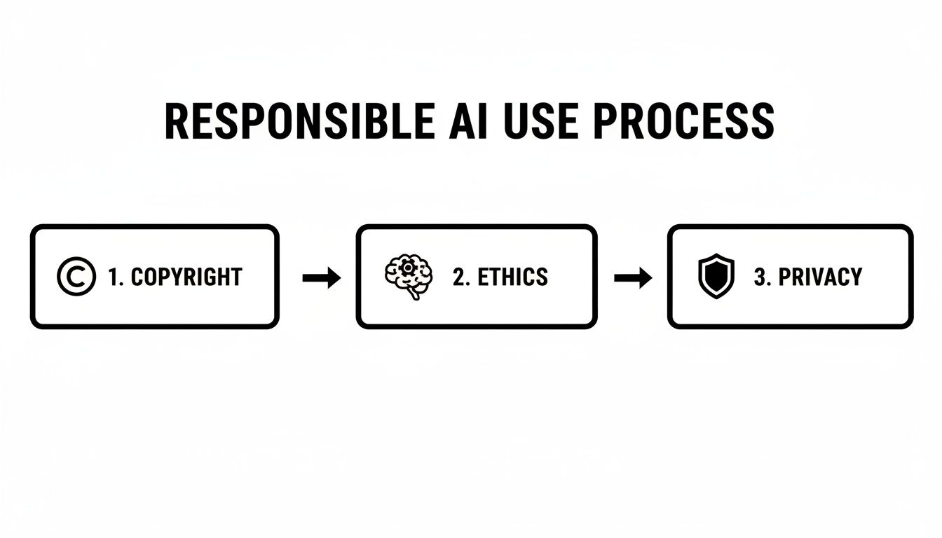 A flowchart showing the responsible AI use process, including copyright, ethics, and privacy.