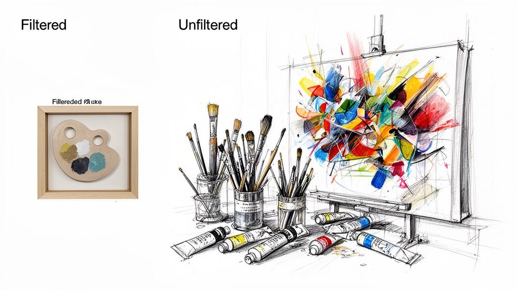 A split image showing a framed art palette (filtered) and an abstract painting with art supplies (unfiltered).