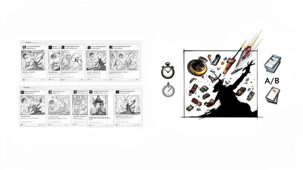 A grid of AI-generated image variations in social media posts, alongside an illustration of creative iteration and A/B testing.