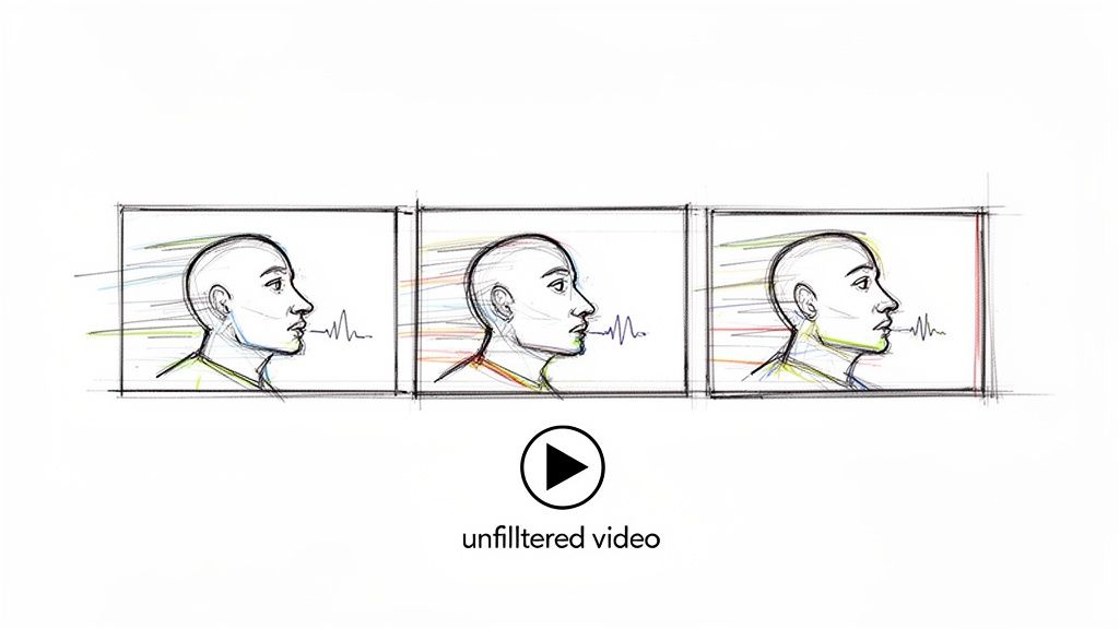 Three profile sketches of a person's head, showing sound waves from their mouth and colorful data lines, with an 'unfiltered video' caption.