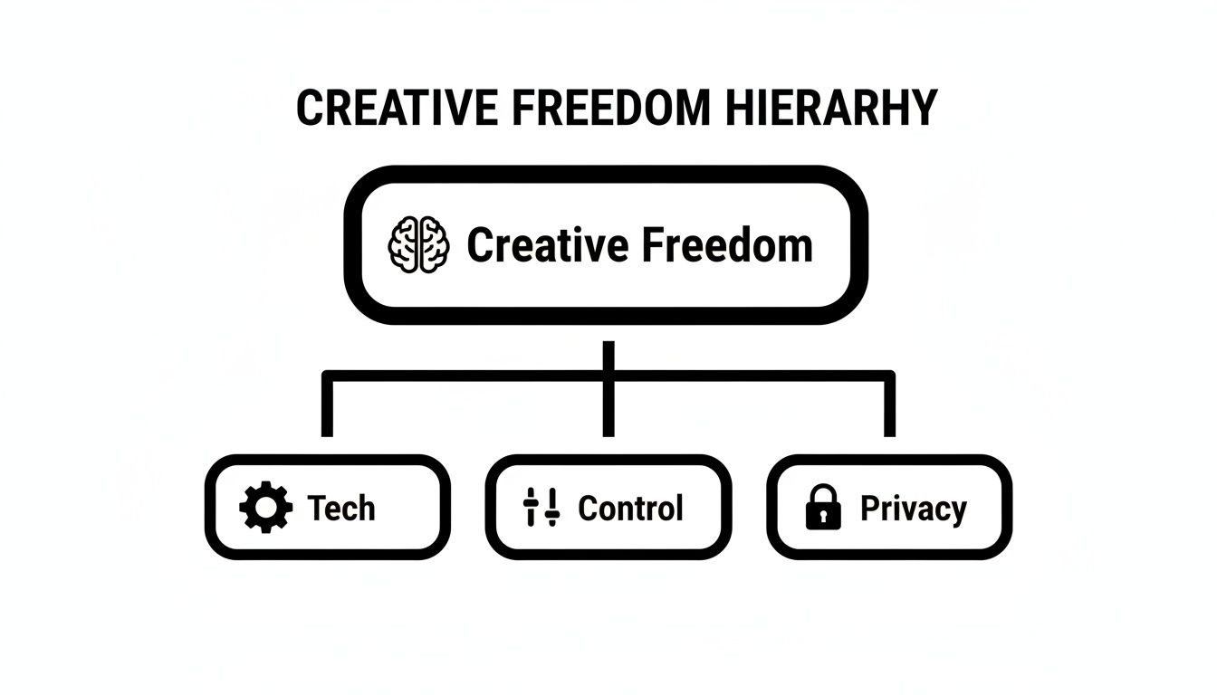 A hierarchy diagram illustrating Creative Freedom at the top, supported by Tech, Control, and Privacy.