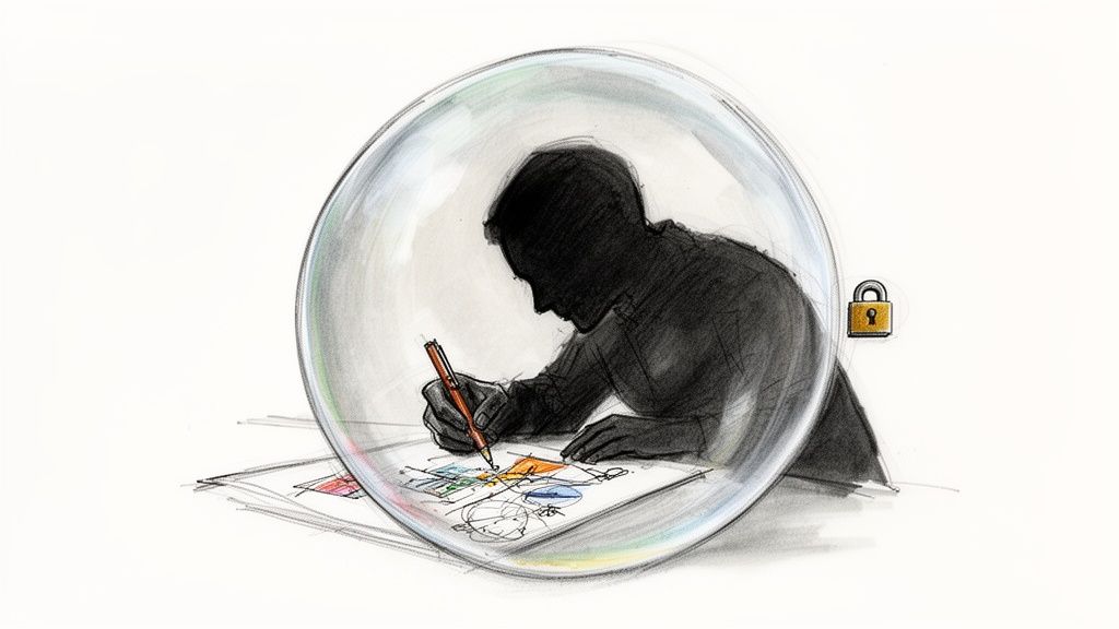 Silhouette of a person drawing colorful diagrams inside a clear bubble, with a small padlock nearby.