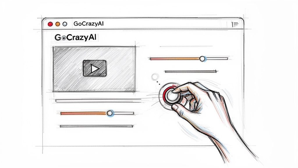 A hand-drawn sketch of a GoCrazyAI web interface with a video player, sliders, and a hand on a dial.