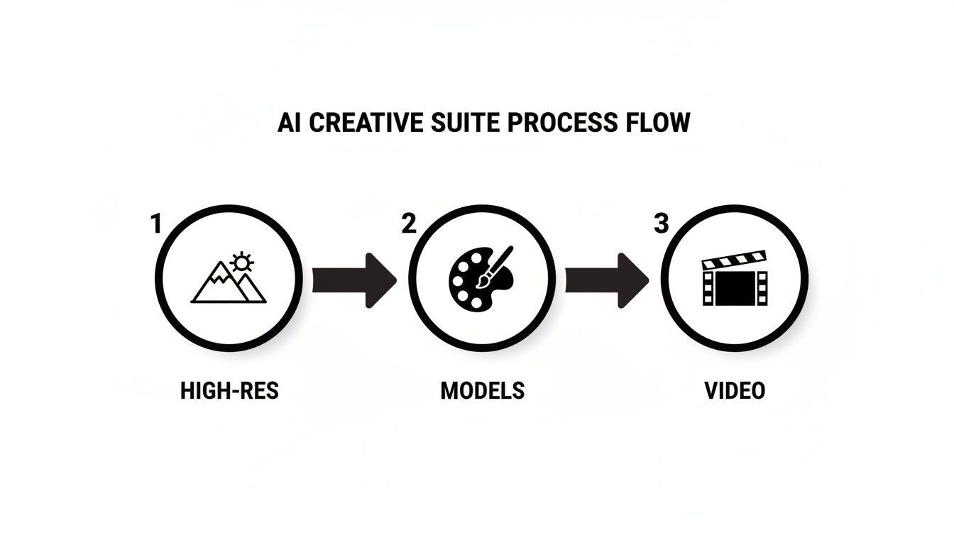 A flowchart showing the AI Creative Suite process: High-Res images to Models, then to Video.