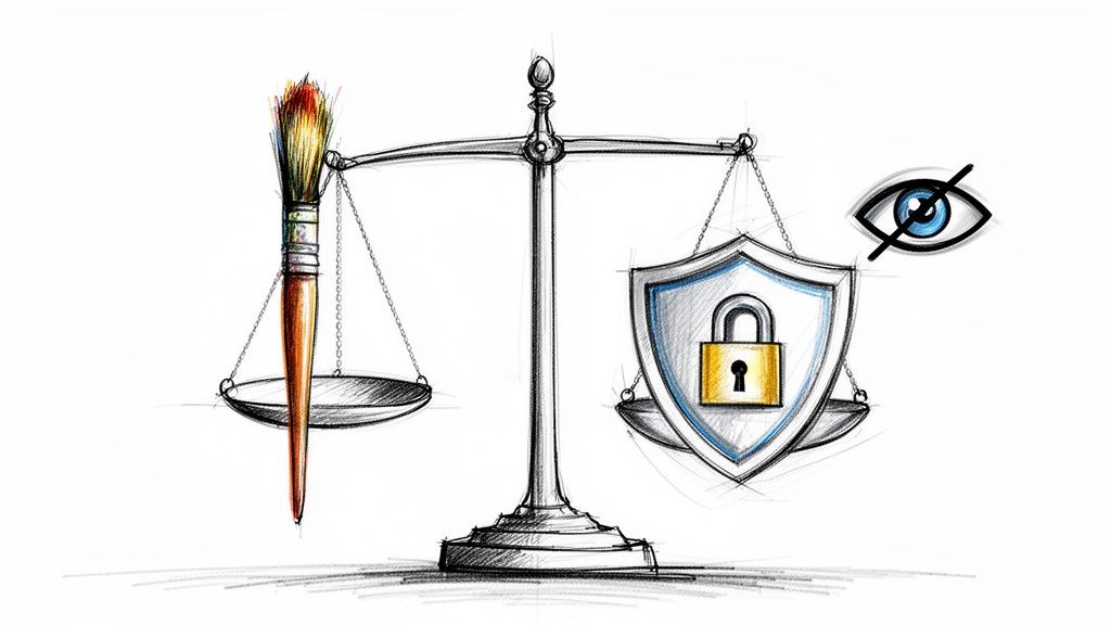 Scales balancing creative expression (paintbrush) against digital privacy, security, and content censorship.