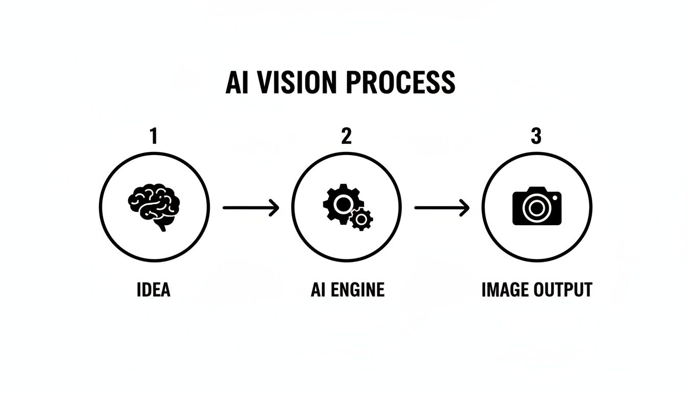 Diagram illustrating the AI Vision Process, from an idea (brain) to an AI engine (gears) and image output (camera).