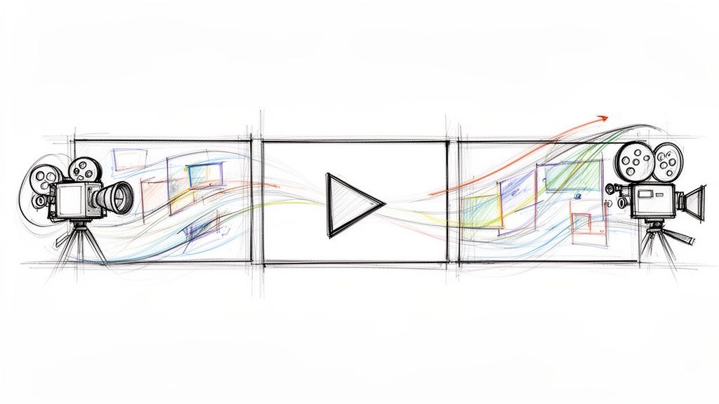 Detailed sketch of two film cameras, a video play button, and flowing colorful visual elements.