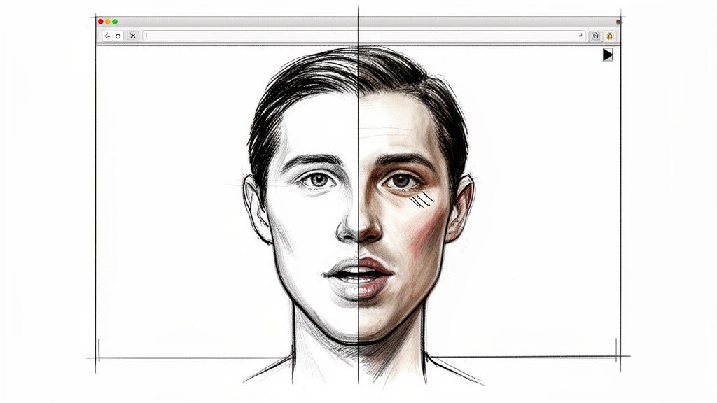 Digital illustration of a man's face, half a clean sketch, half colored with virtual marks.