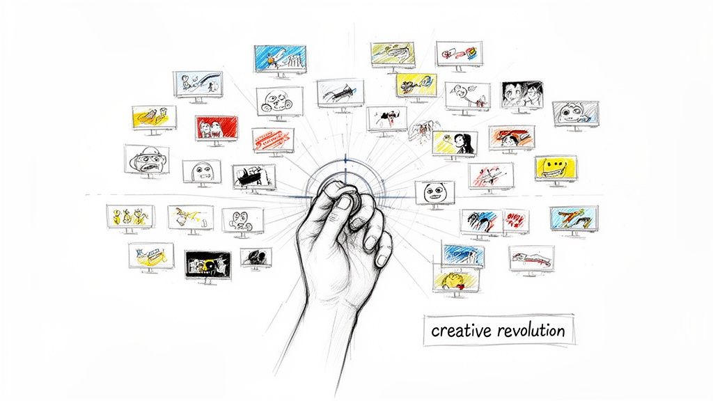 Sketch of a hand controlling a network of screens displaying diverse artistic and cartoon content.