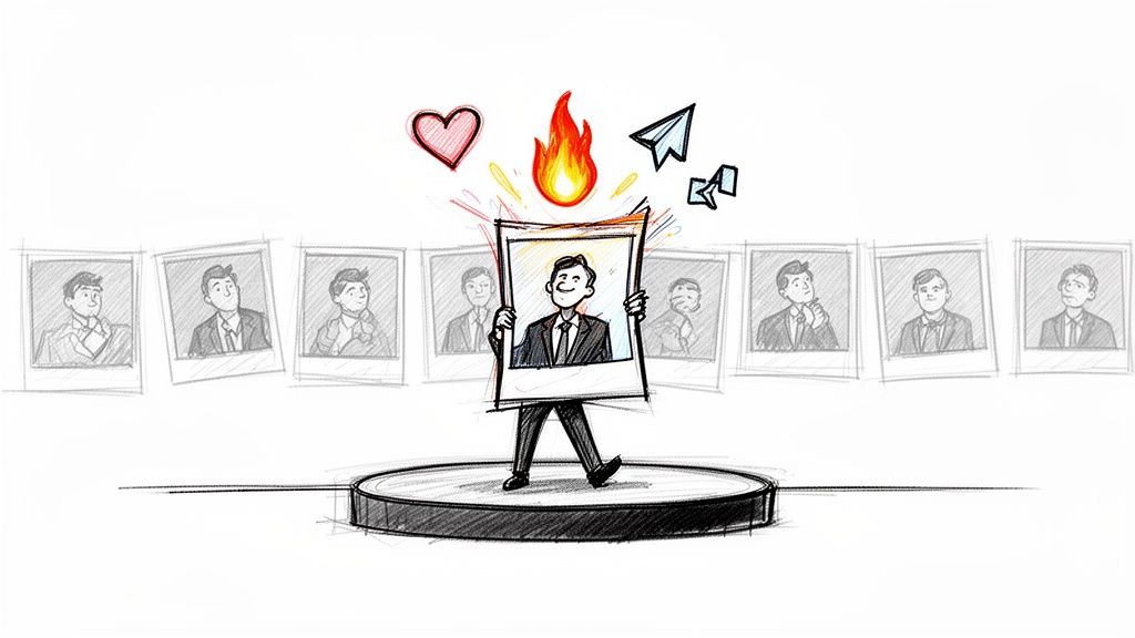 Illustration of a smiling man holding a vibrant portrait, celebrated with social media engagement icons on a stage.