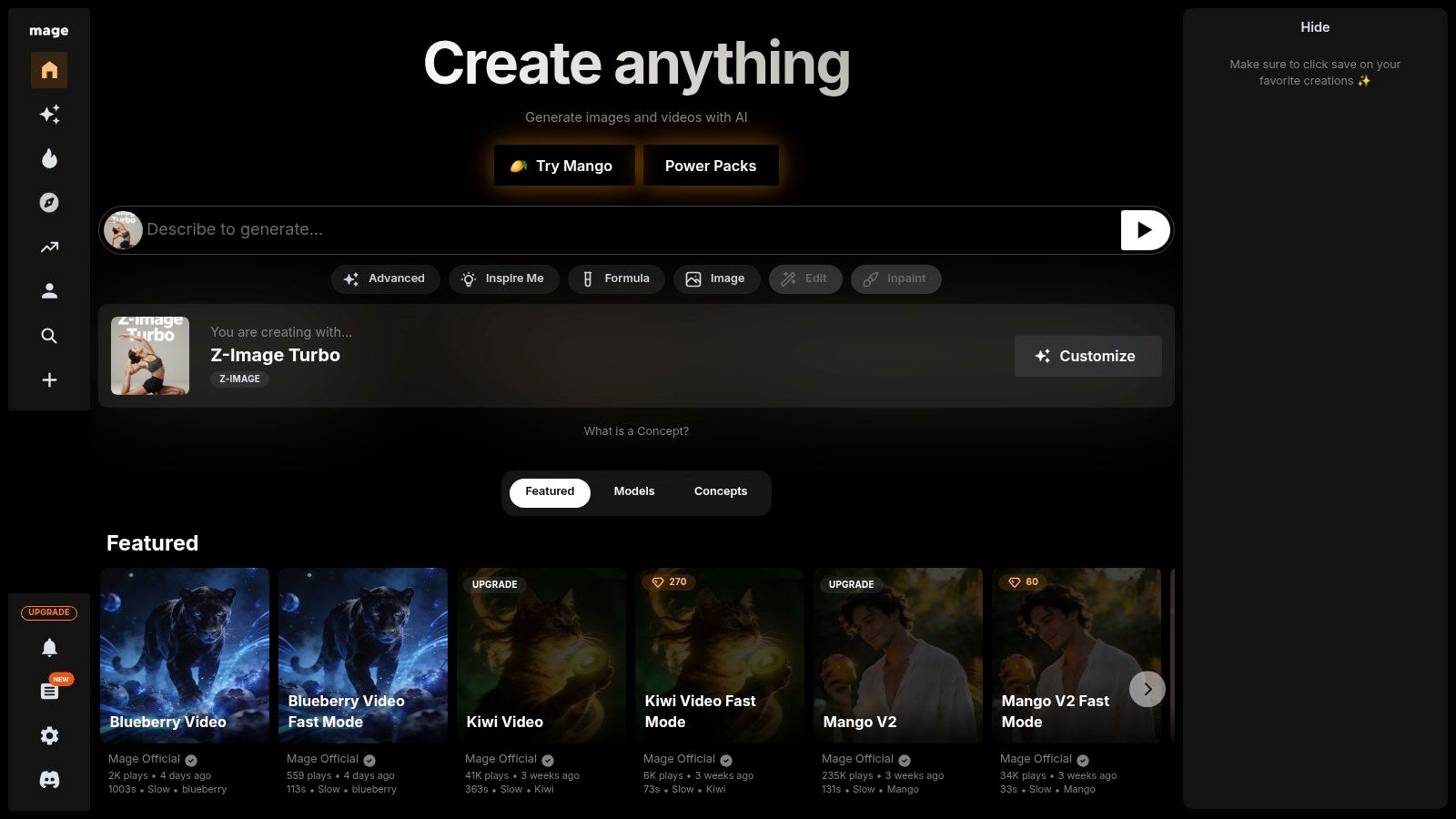 Mage.space interface showcasing an image generation prompt and settings.