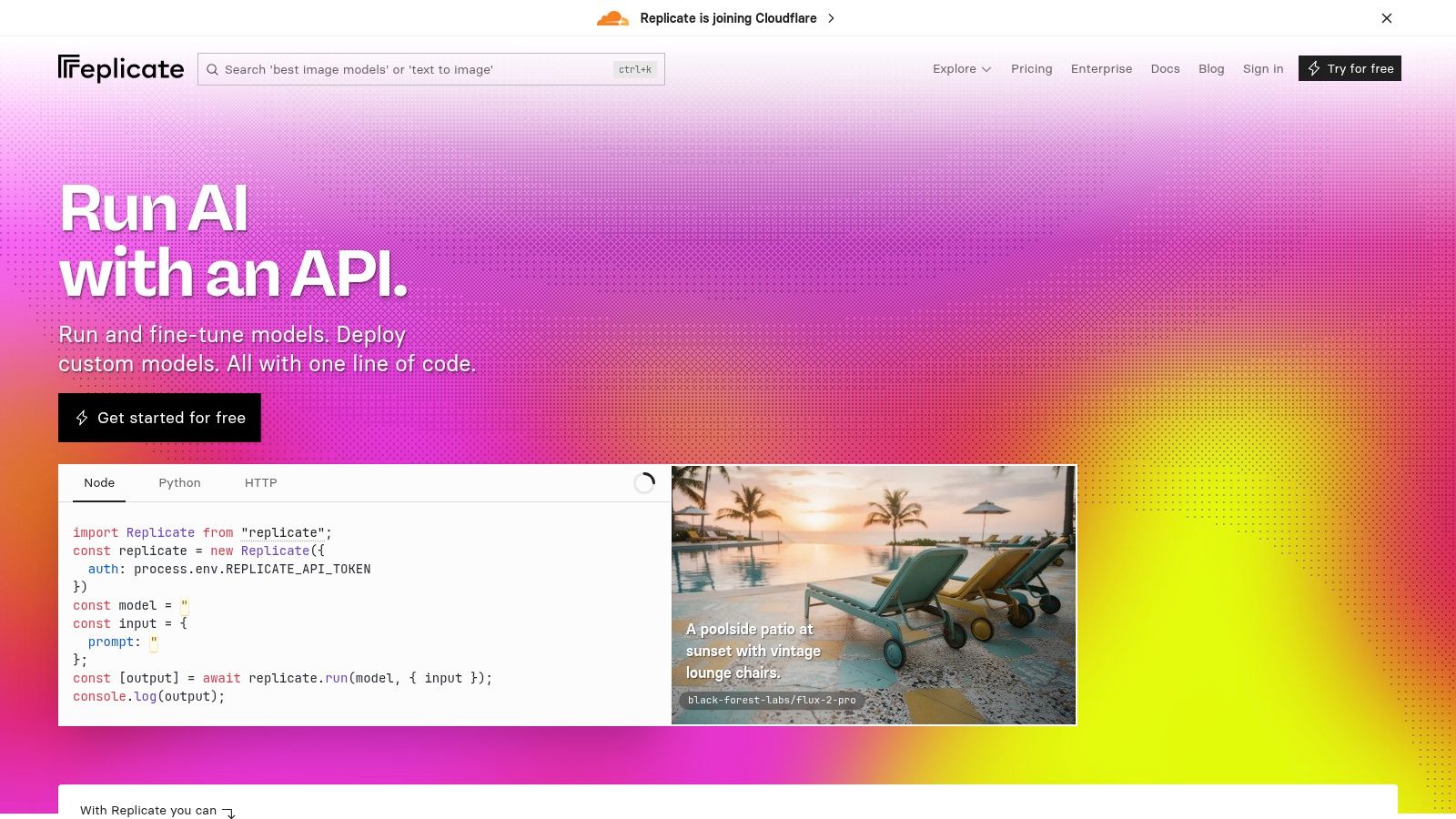 Replicate (hosted model runs; pay-per-second)
