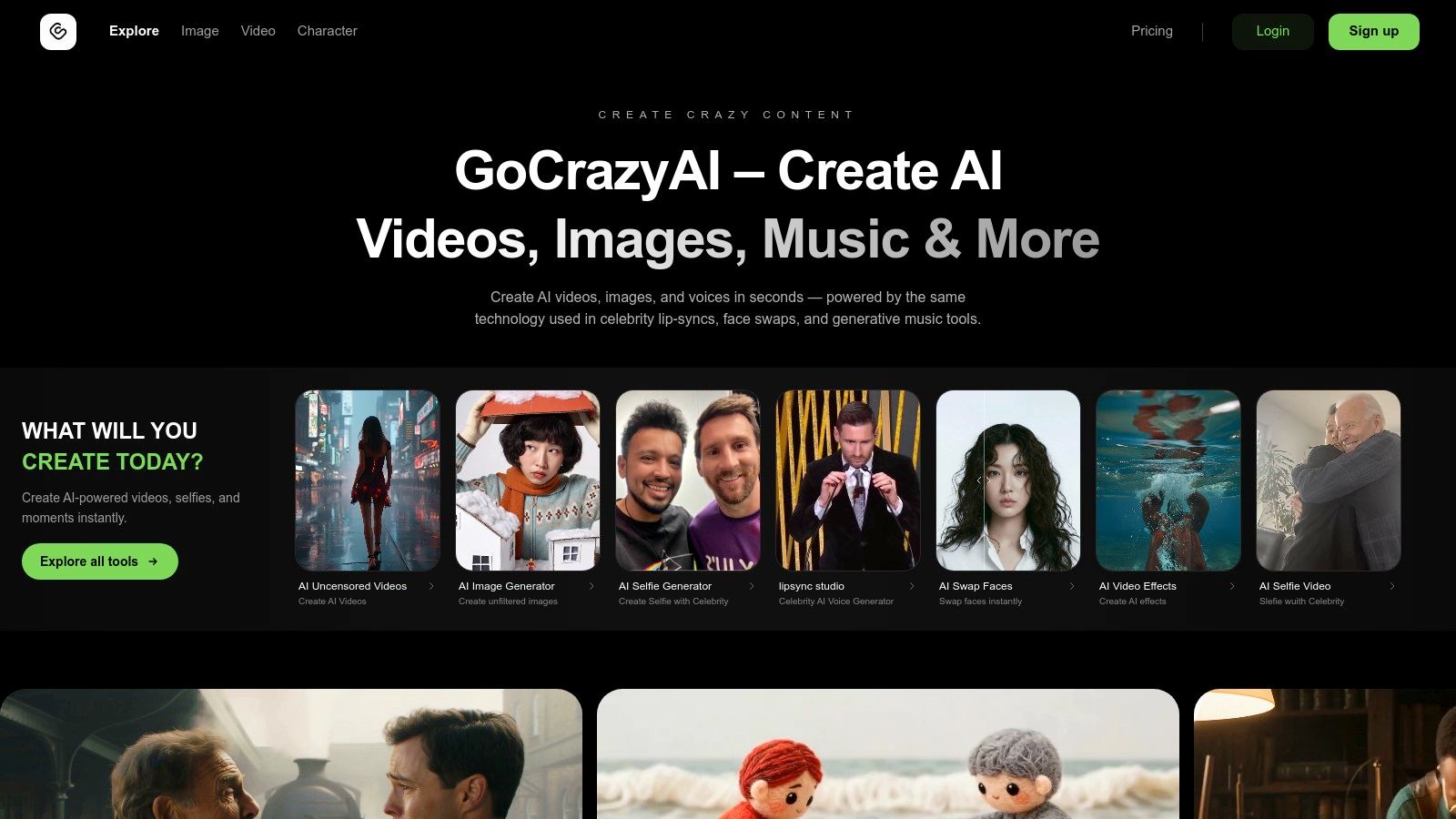 GoCrazyAI Interface showcasing various AI tools and video effects