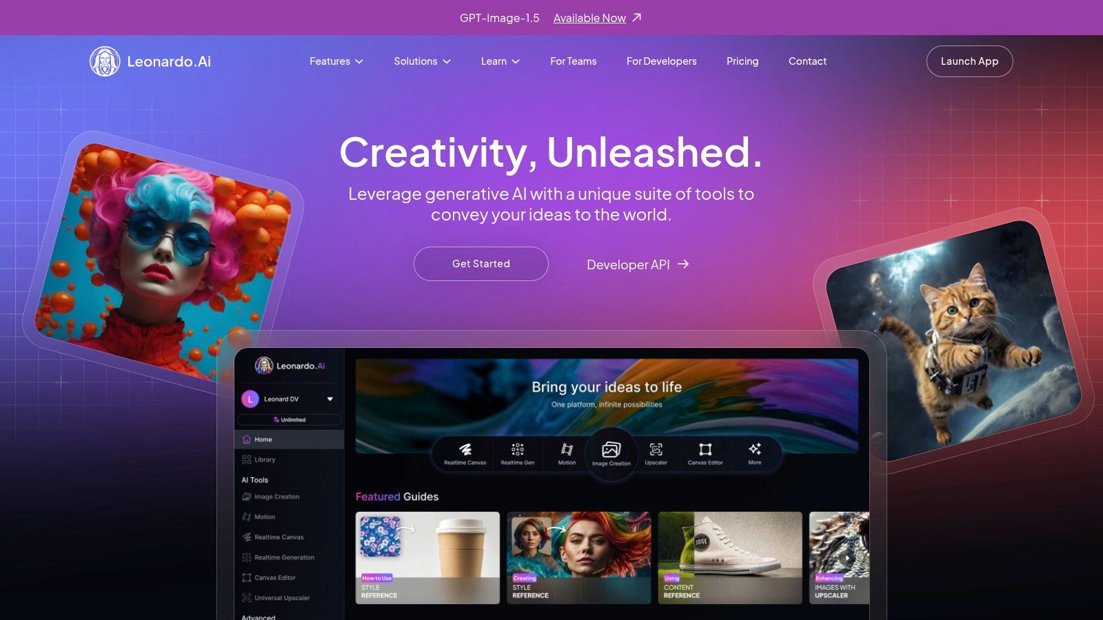 Leonardo AI's interface showing a gallery of AI-generated images and creation tools.