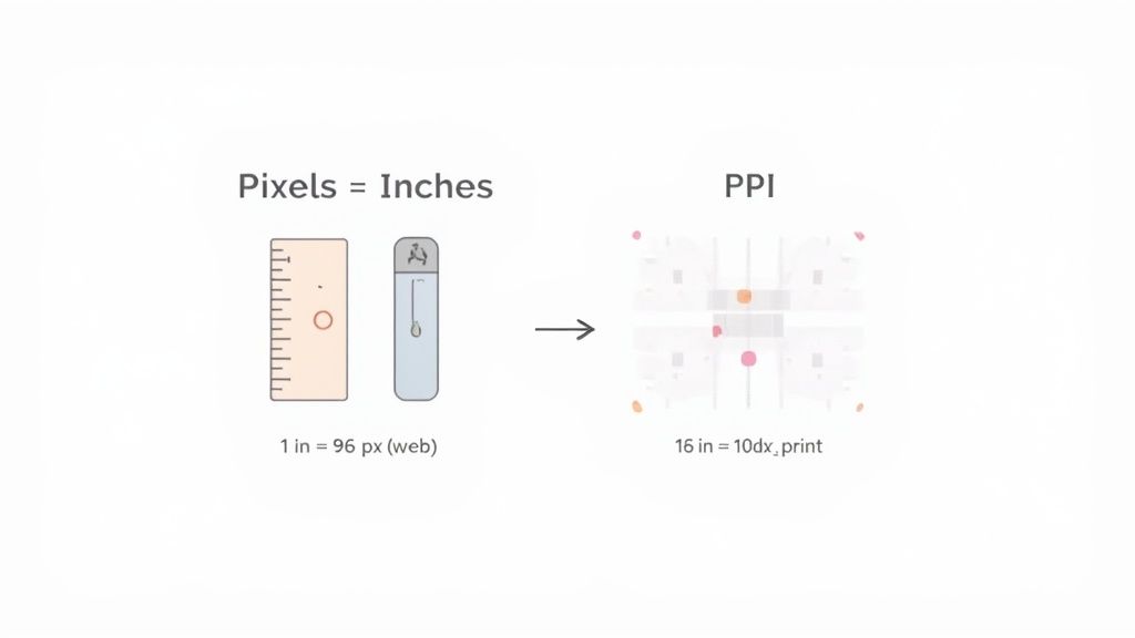 Diagram illustrating the conversion from pixels to inches for web and its application to print PPI.