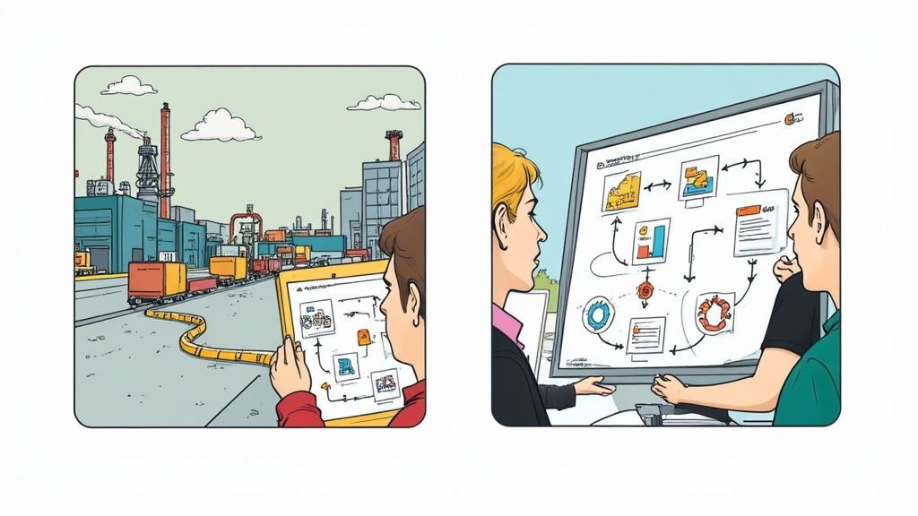 Two panels show industrial operations and people analyzing a process diagram on a large screen.