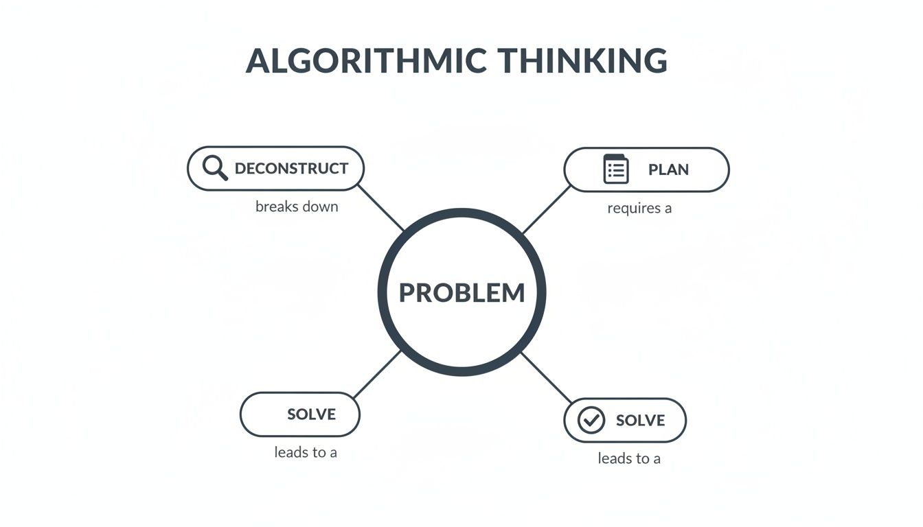 A diagram illustrating algorithmic thinking, with a central problem connected to deconstruct, plan, and solve steps.