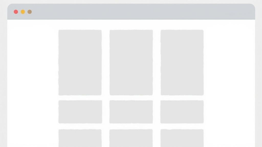 A web browser window displays a minimalist grid layout with multiple light gray placeholder boxes.
