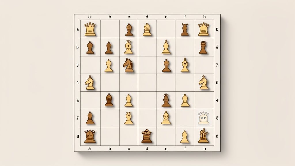 A chess board displaying various pieces in a puzzle configuration, with ranks and files labeled.