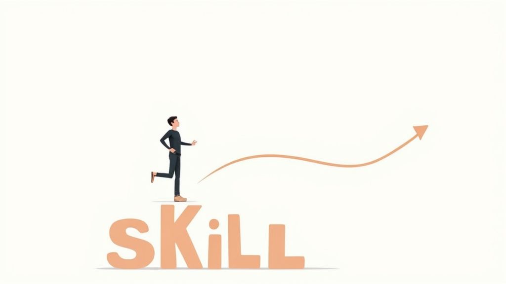 A stylized person runs on the word 'SKILL' with an upward-curving growth arrow, symbolizing progress.
