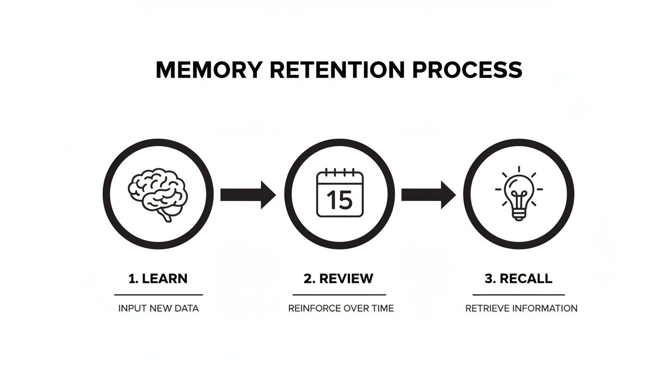 Infographic illustrates the memory retention process with steps: learn, review, and recall information.
