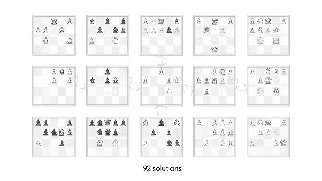 A grid of fifteen chessboard diagrams displaying various arrangements of chess pieces, with '92 solutions' text.