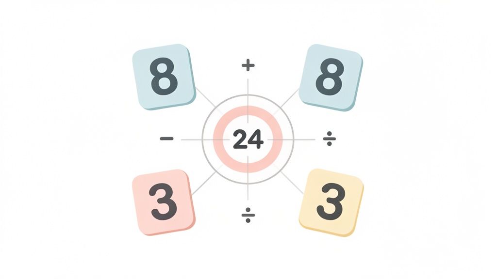 A math puzzle with numbers 8, 8, 3, 3, and arithmetic operators around a central target number 24.