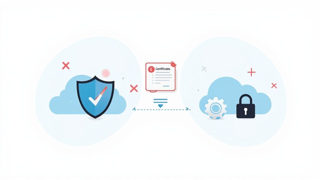 Graphic showing secure cloud computing, featuring a shield, checkmark, padlock, and certificate document.