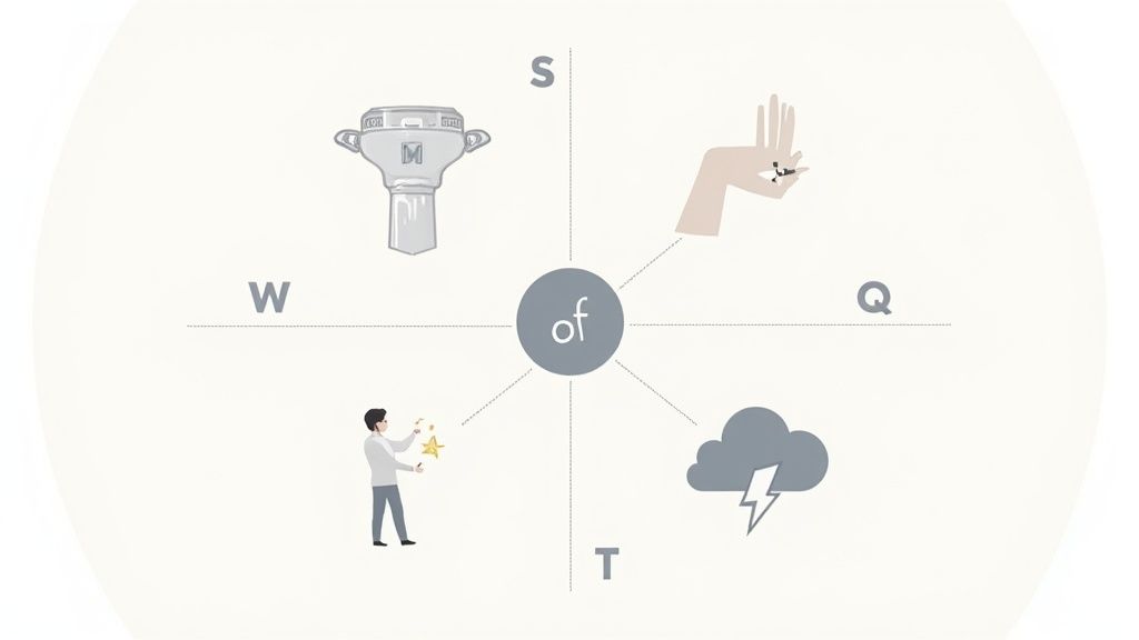 A visual diagram showing elements for analysis: a trophy, a hand, a storm cloud, and a person with a star.