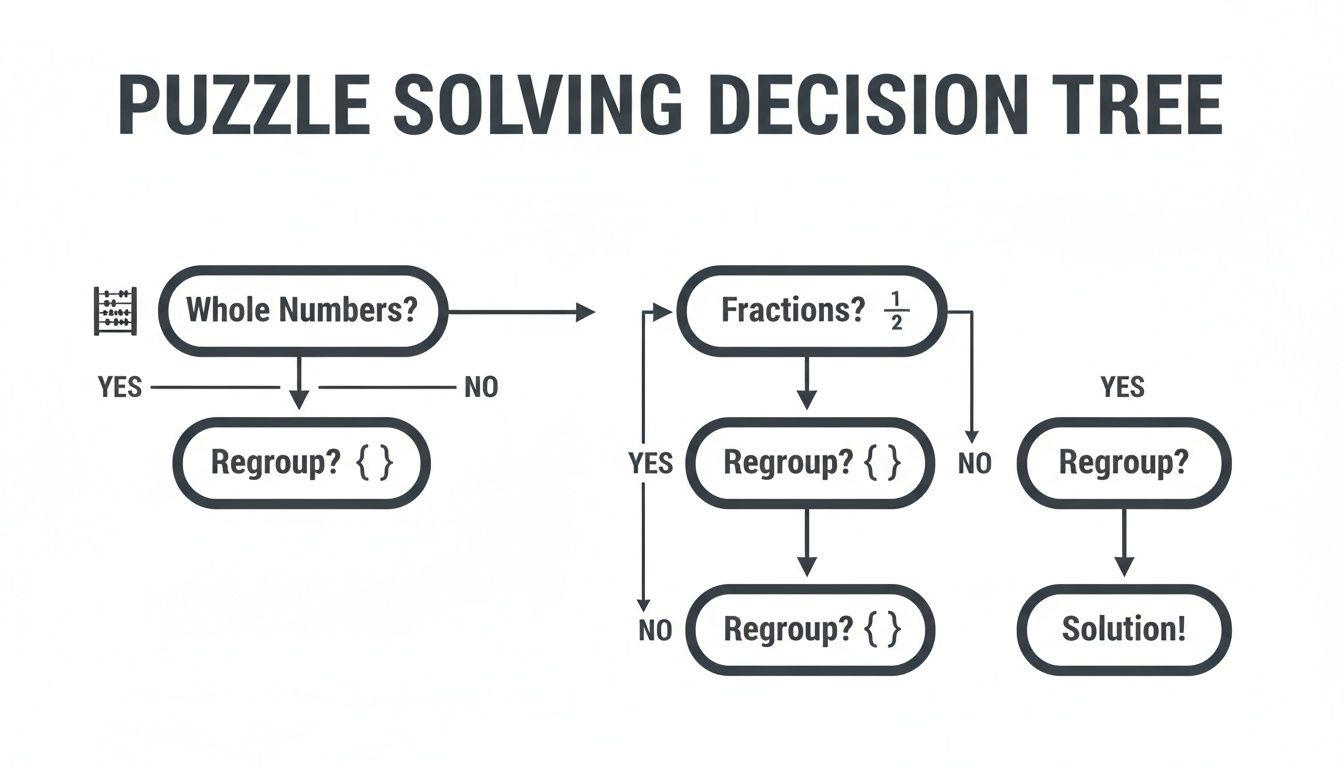 A flowchart titled 'Puzzle Solving Decision Tree' detailing steps for whole numbers and fractions.