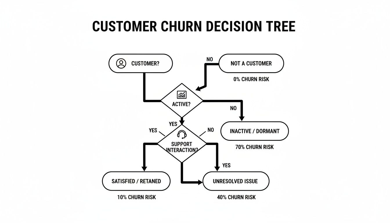 A customer churn decision tree flowchart showing churn risk based on customer activity and support interactions.